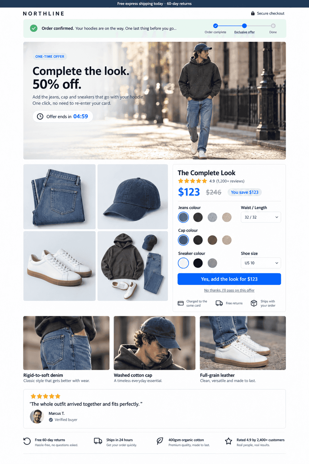 Upsell landing page: a model wearing the full look, jeans, cap and sneakers for $123 instead of $246 with colour swatches and size selectors