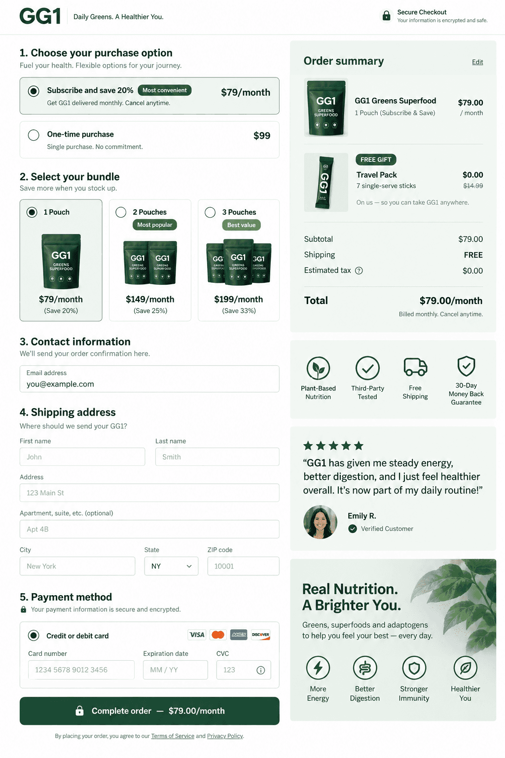 GG1 greens checkout built with Alpha Checkout