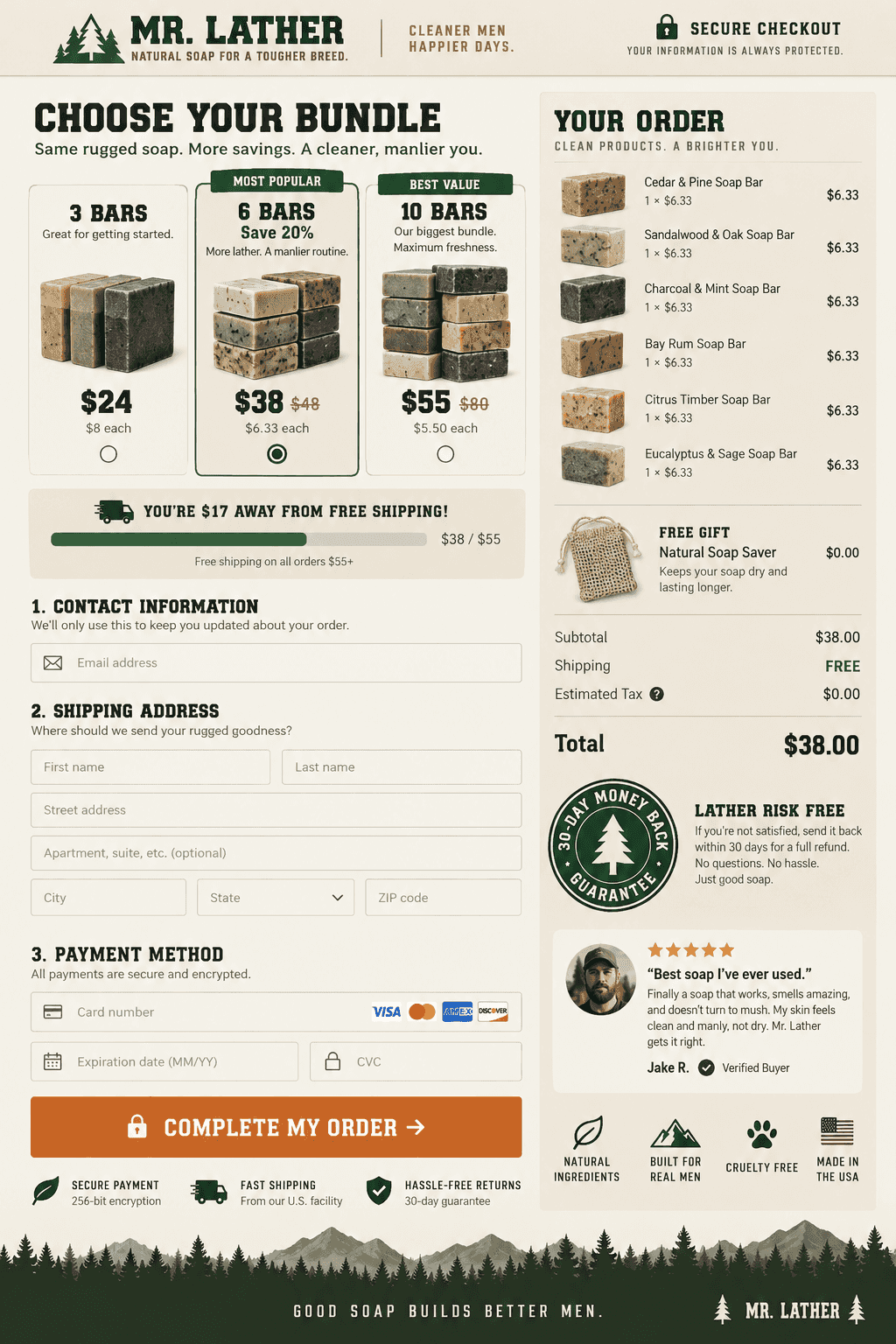Mr. Lather soap bundle checkout built with Alpha Checkout