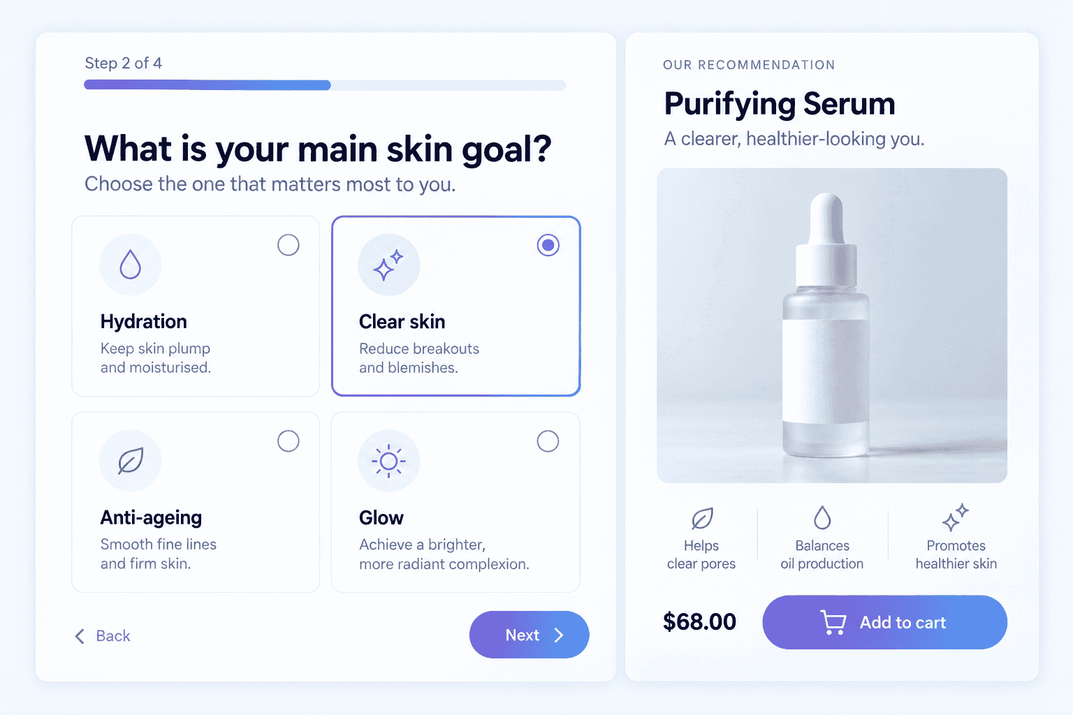 Skincare quiz with answer cards and a recommended serum