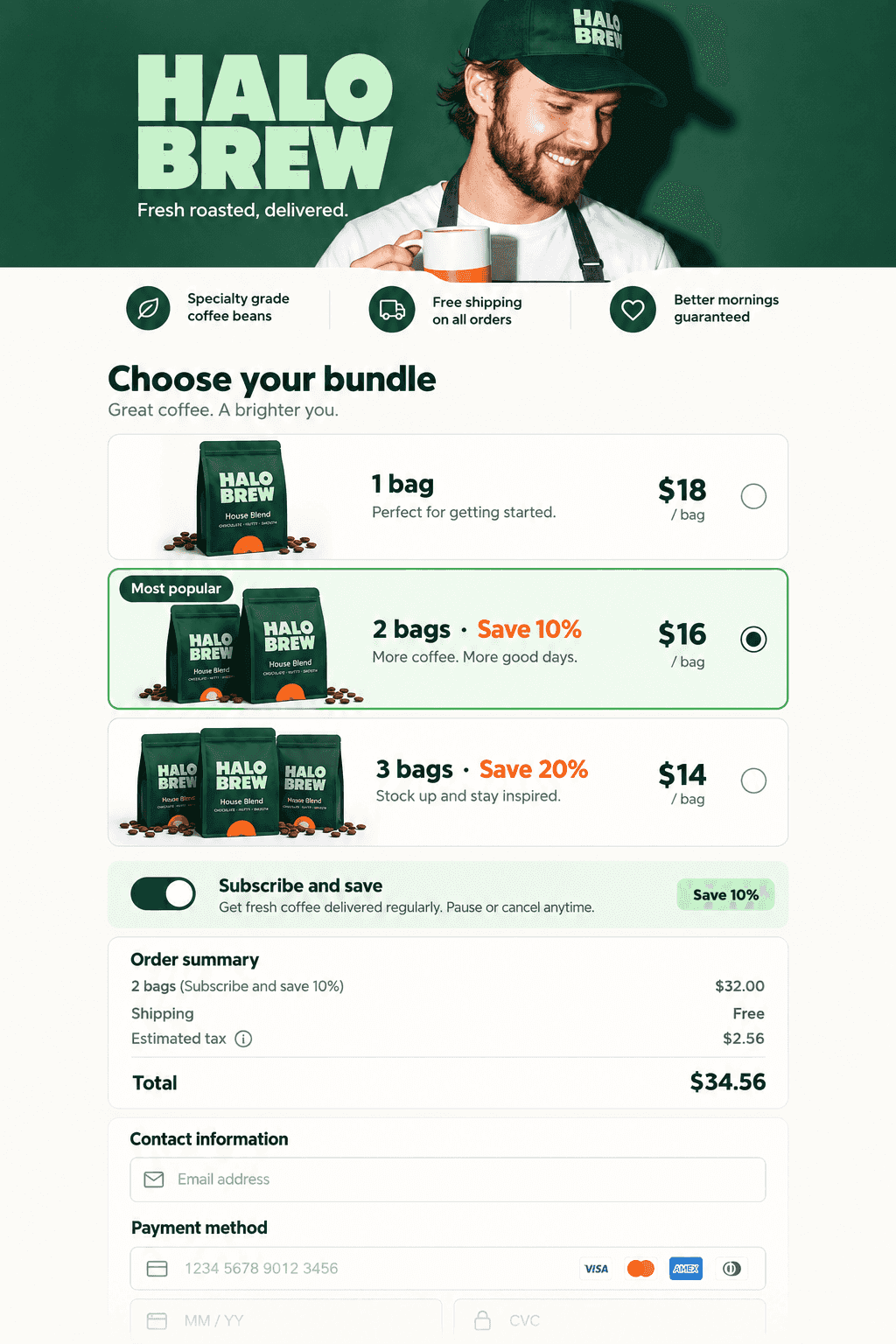 Halo Brew coffee bundle checkout built with Alpha Checkout
