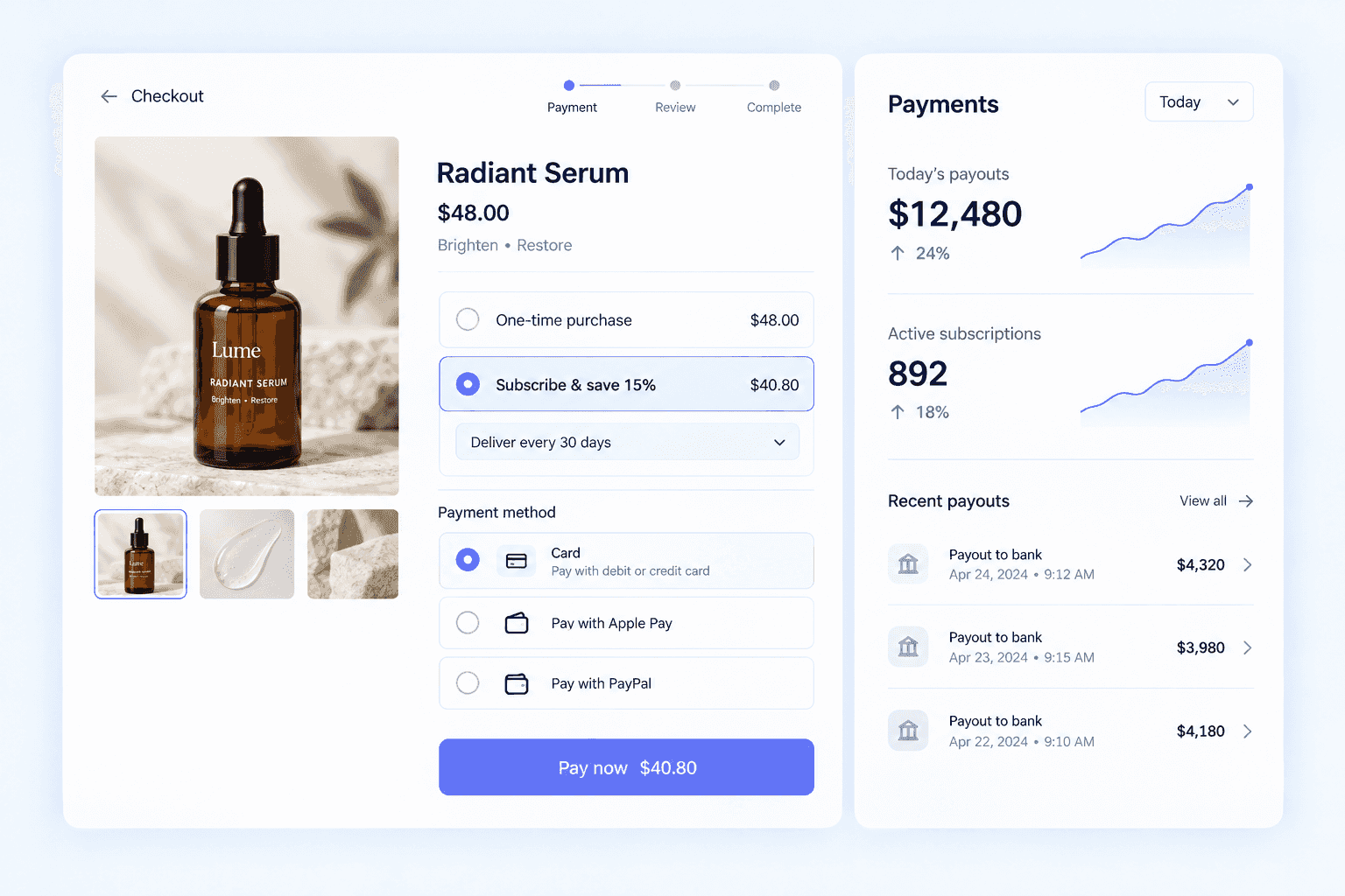 Secure checkout payment step with a subscription option and a Pay now button