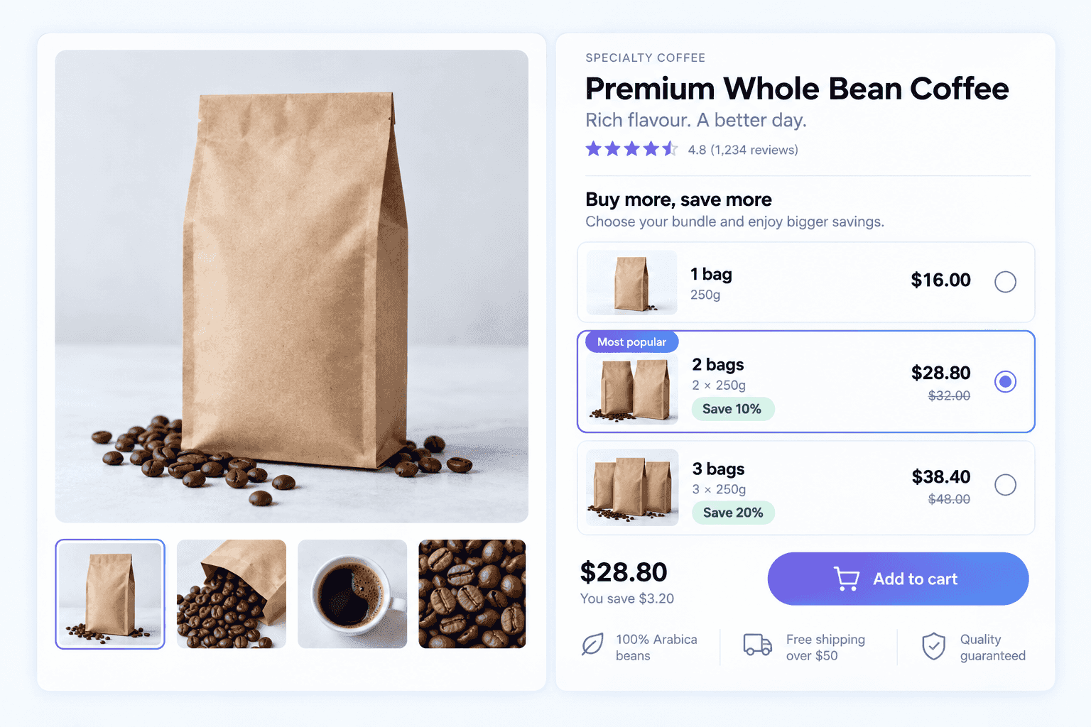 Coffee volume bundle with 1, 2 and 3 bag options and savings