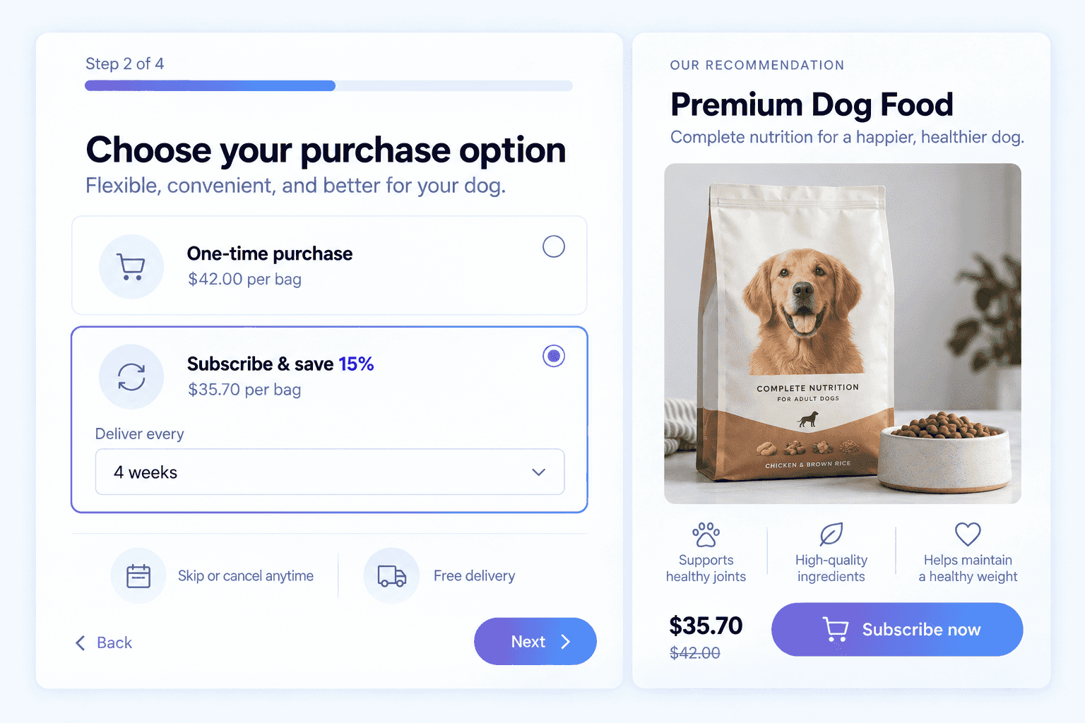 Dog food product page with subscribe and save every 4 weeks