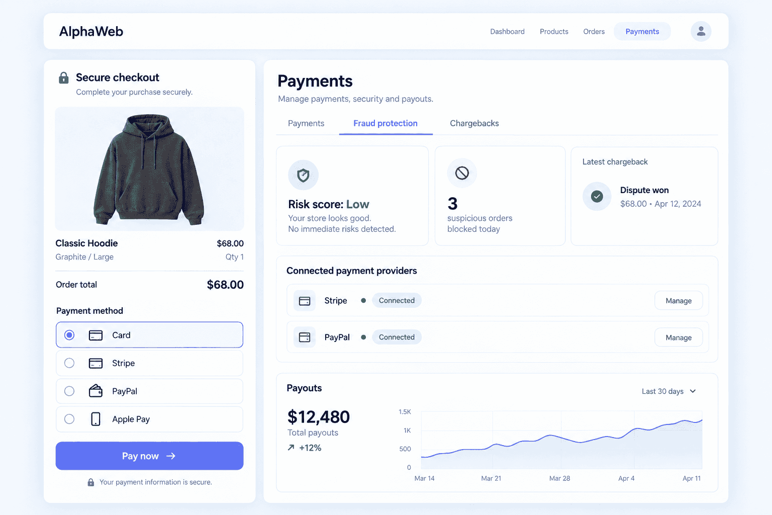 Checkout with Stripe and PayPal connected beside a payments overview