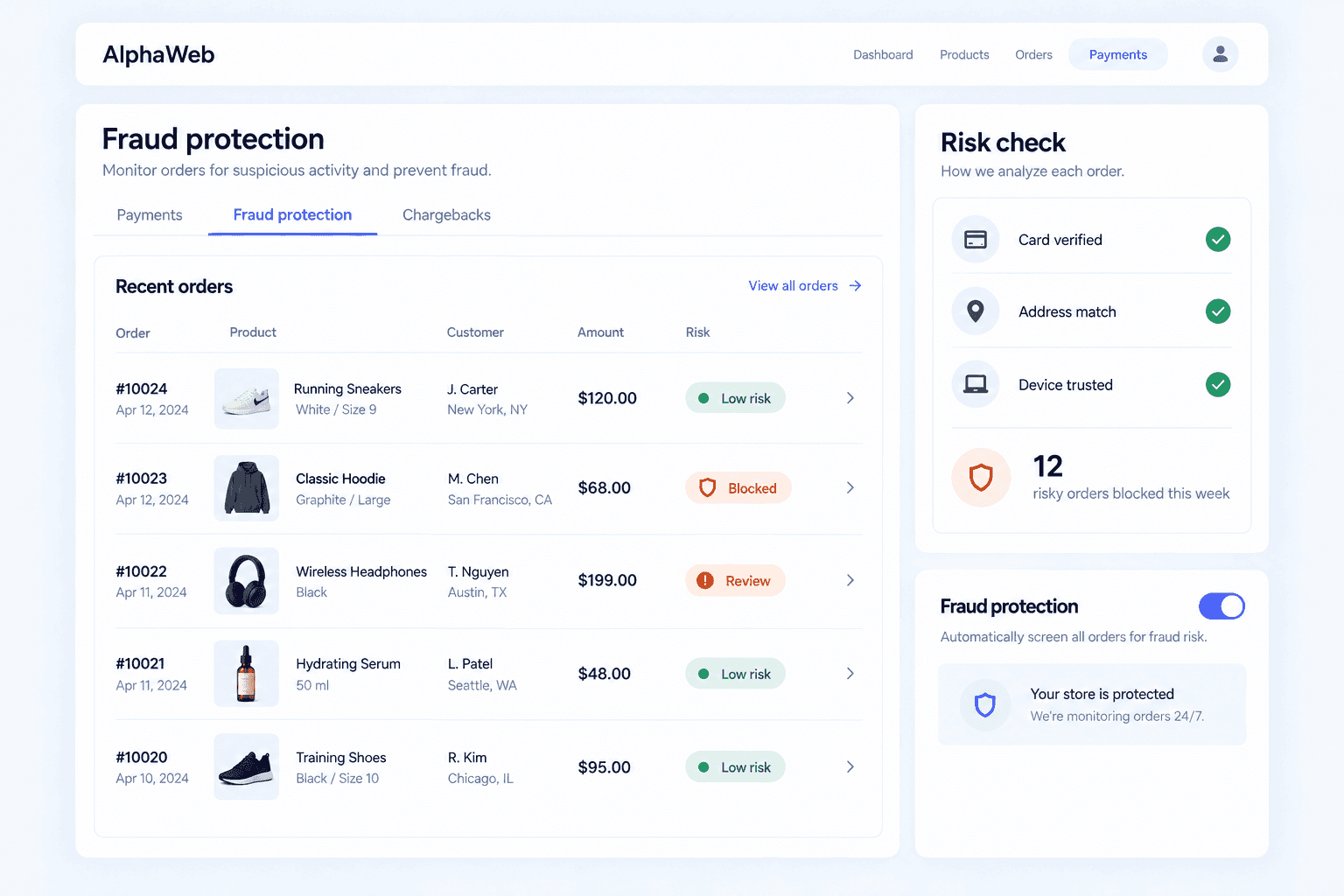 Fraud protection screen with risk checks on recent orders and a blocked order