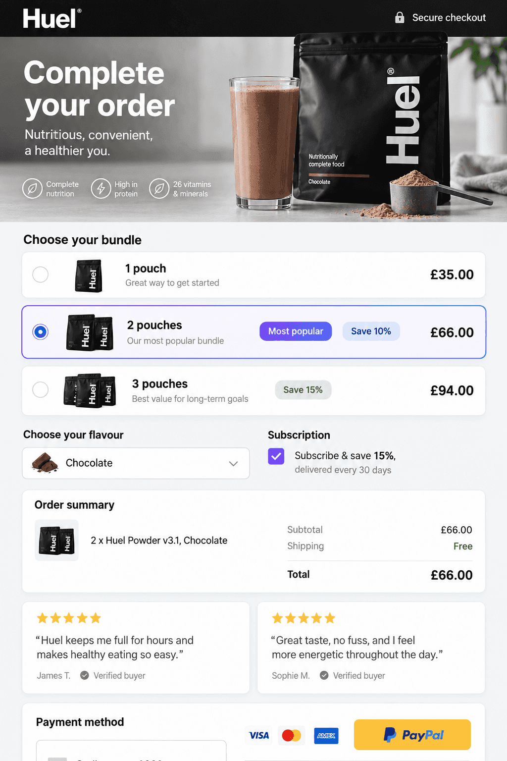 Huel bundle checkout flow built with Alpha Checkout