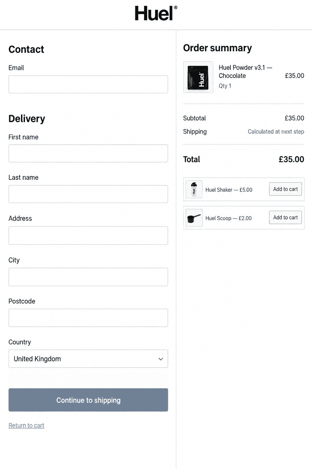 A plain static checkout: one line item, a short form and two small add-on rows under the total