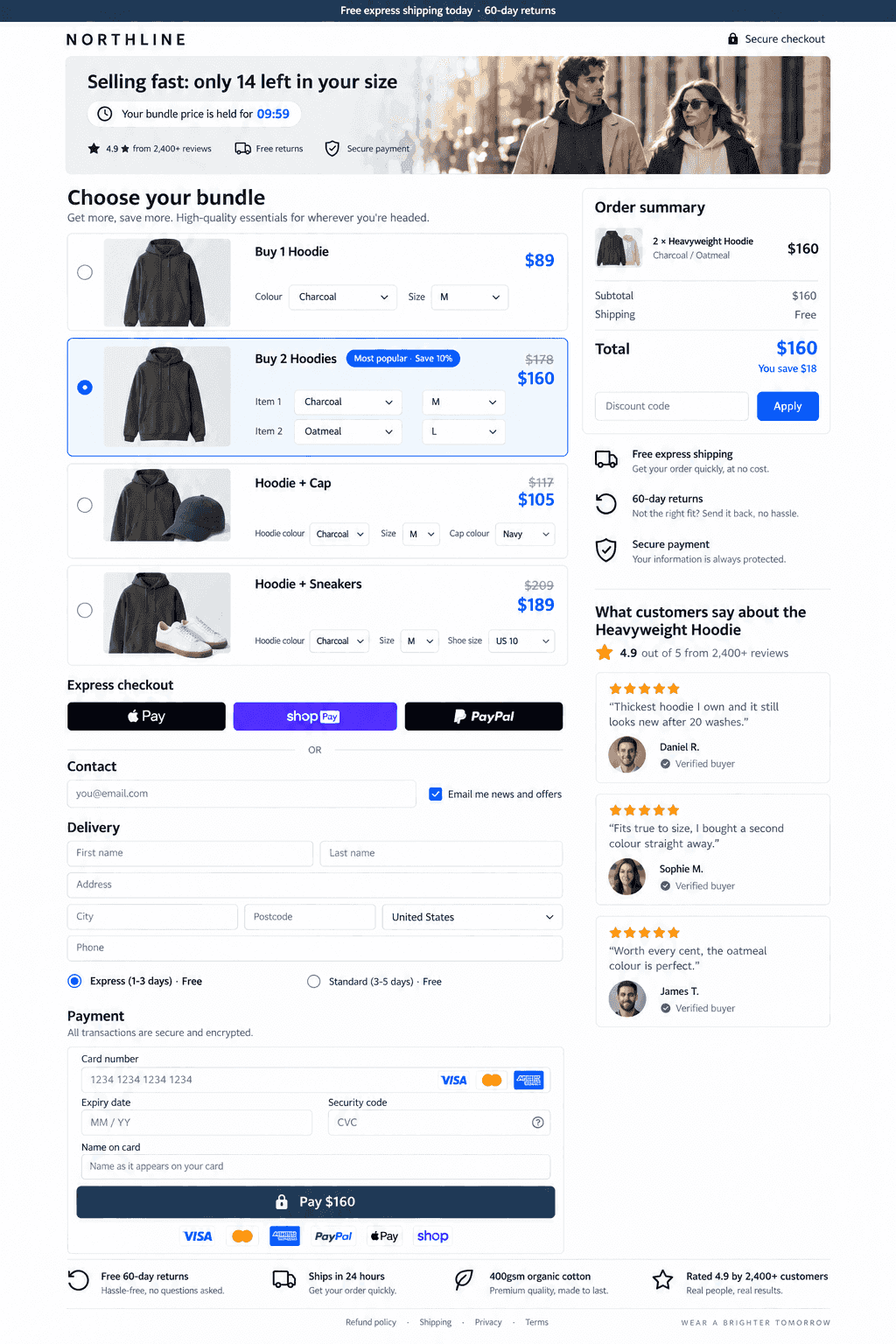Northline checkout page: urgency banner with a fashion photo, four bundle options with colour and size dropdowns, then express pay, contact, delivery and card payment in one column, with the order summary, trust badges and hoodie reviews on the right