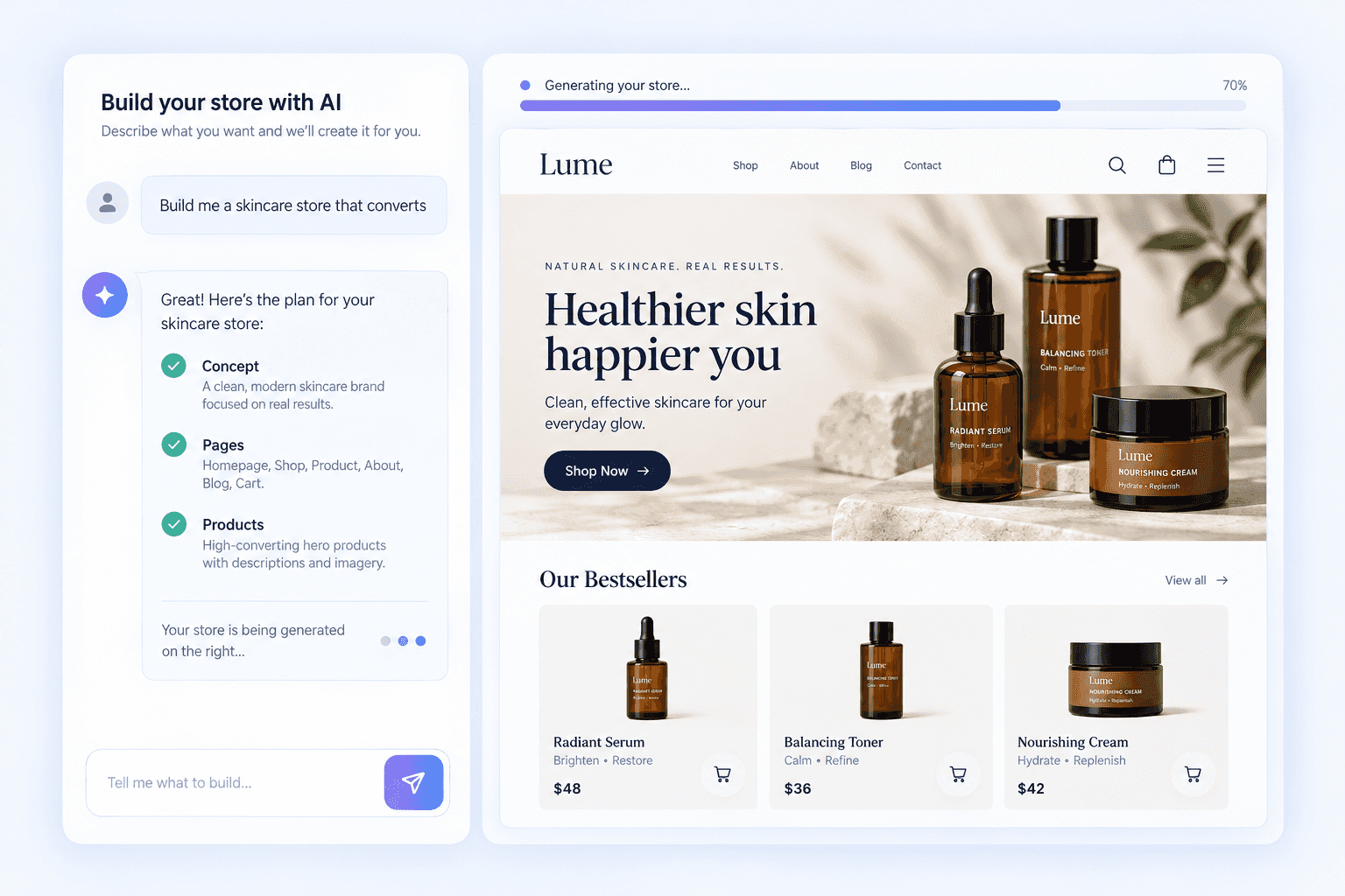 AlphaWeb chat request turning into a plan and a live skincare store preview