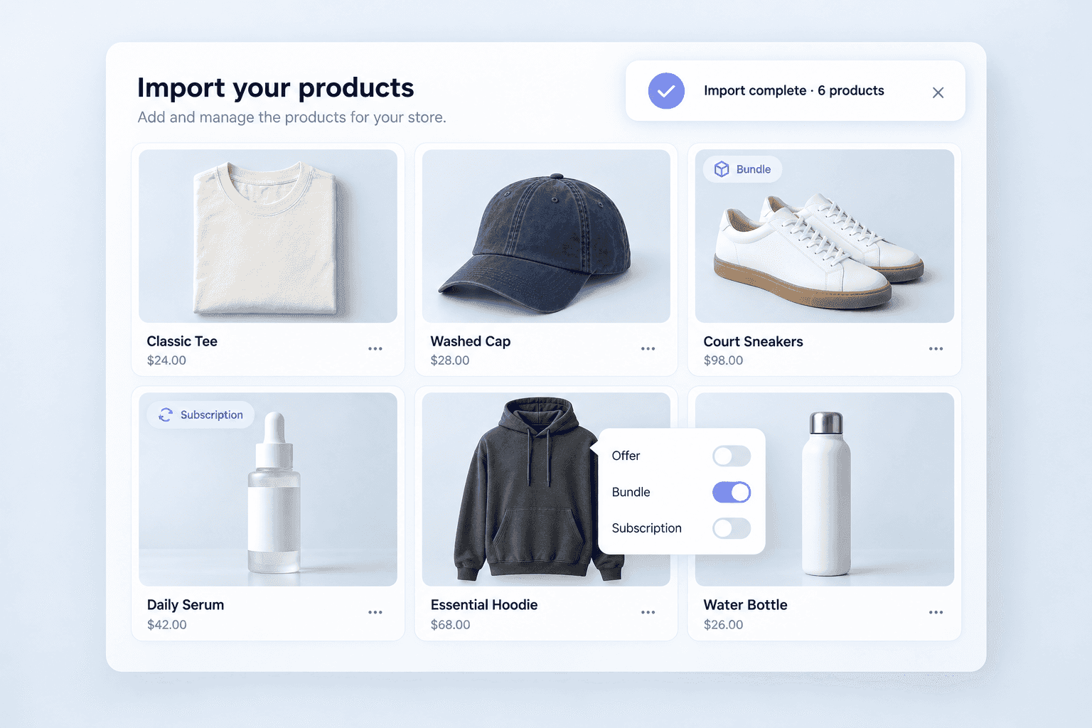 Imported product catalog with offer, bundle and subscription options