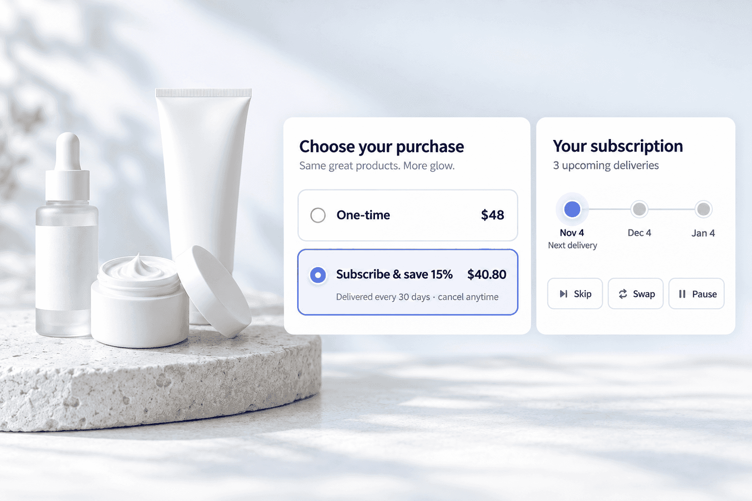 Skincare products with a subscribe-and-save selector and an upcoming delivery schedule
