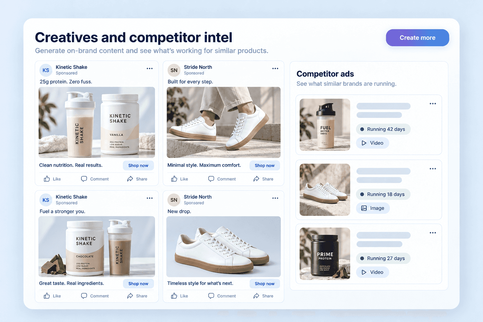 New product ad creatives beside a feed of competitor ads