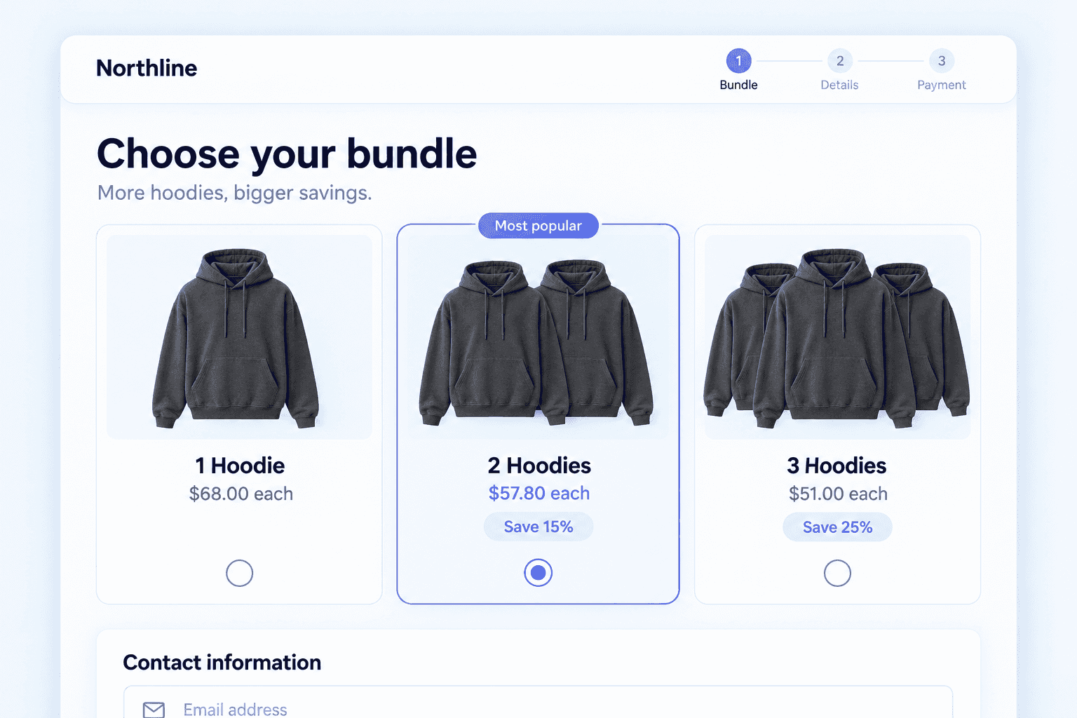 Alpha Checkout with a hoodie bundle selector and an added matching cap