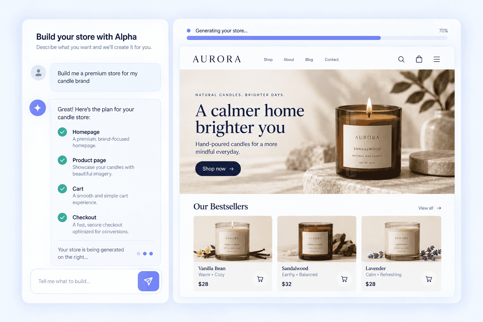 A short chat request in Alpha Builder turning into a plan and a finished ecommerce homepage