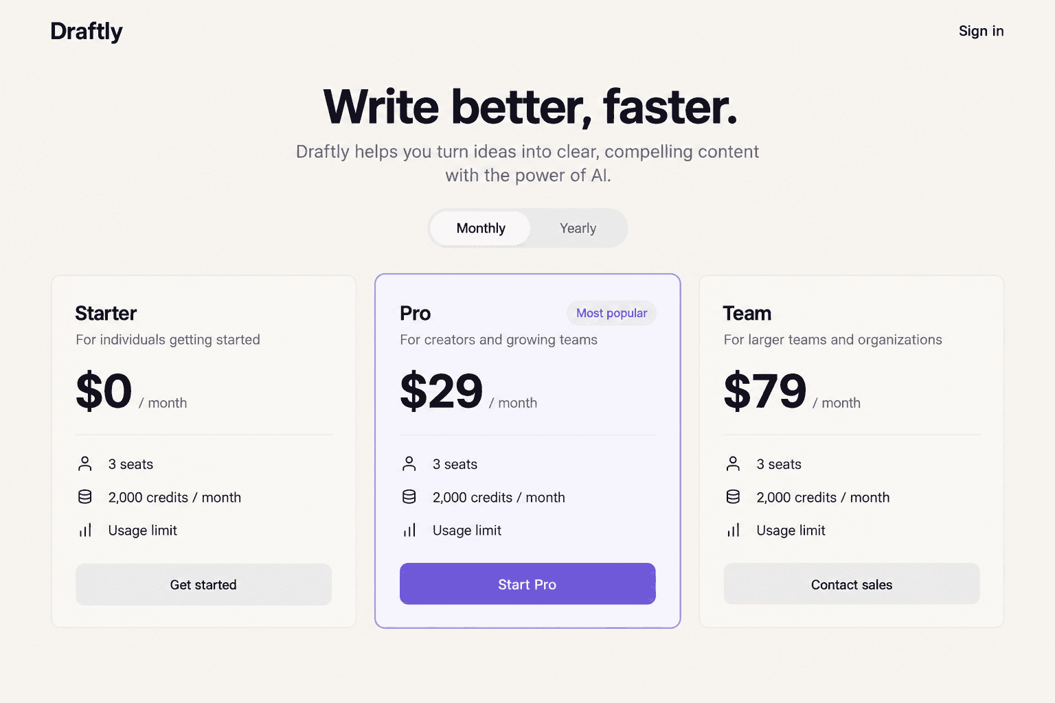 Illustrative SaaS pricing page with seats and credits