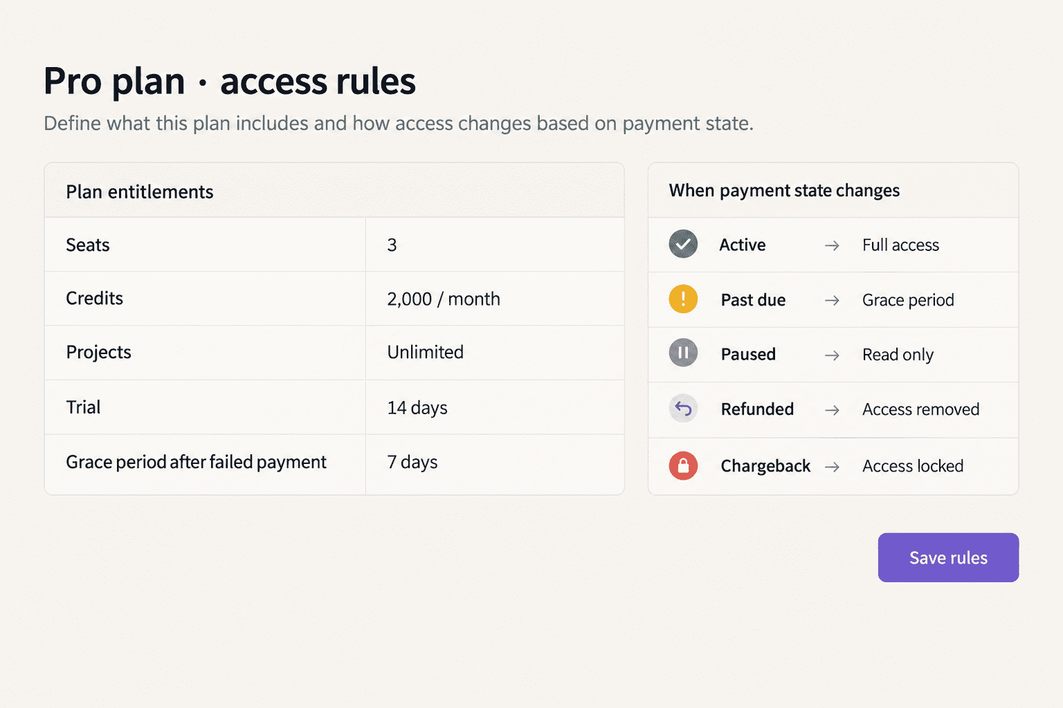 Illustrative access settings with seats, credits and payment states
