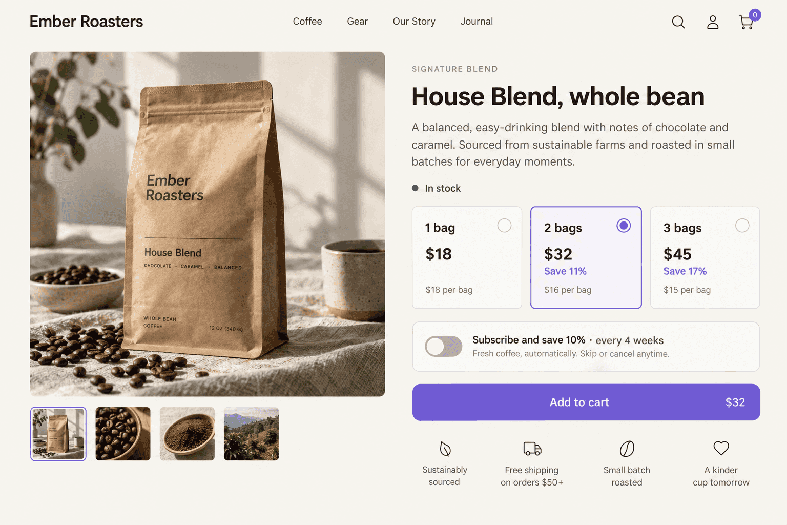 Illustrative coffee store with a bundle selector