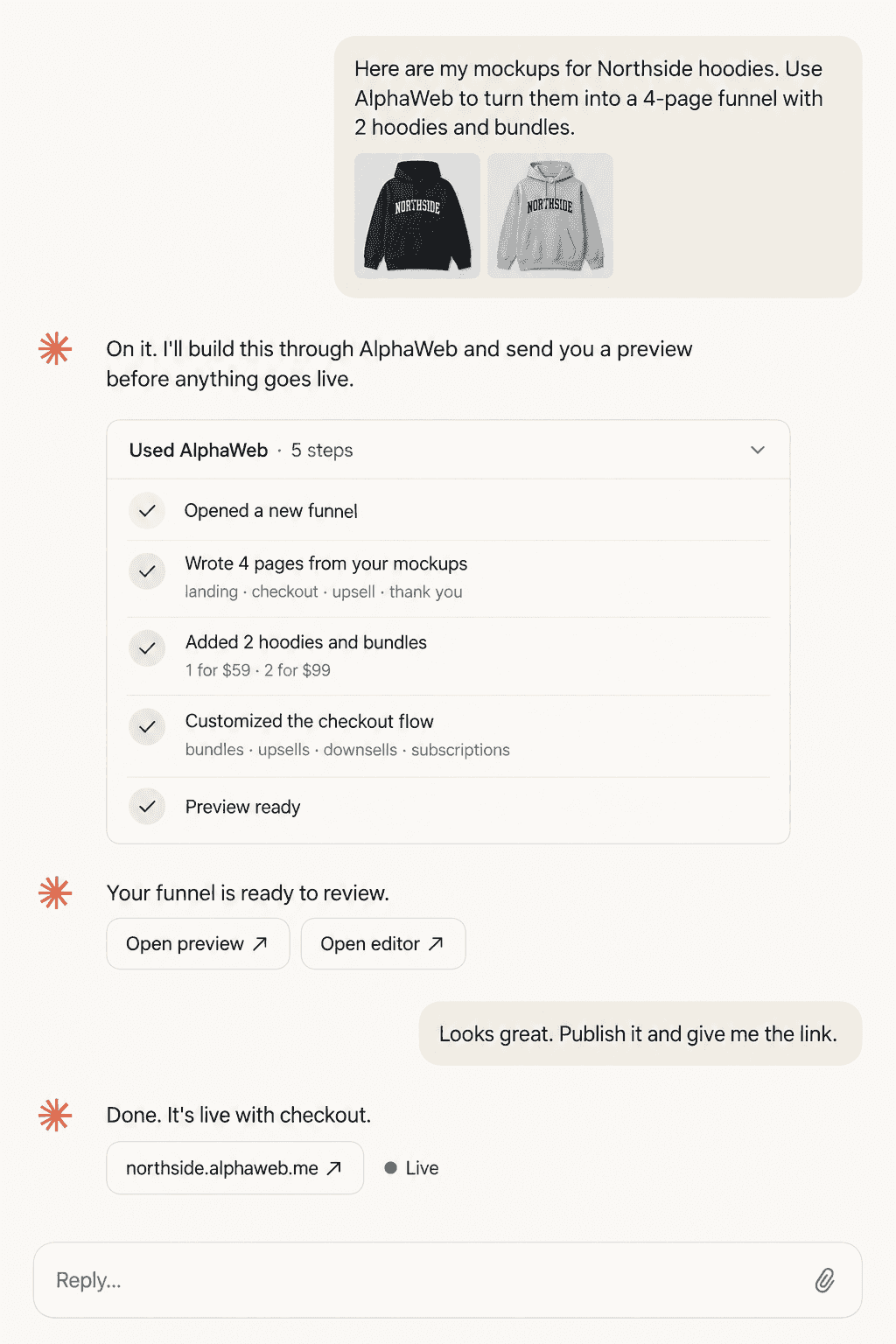 A conversation in an AI chat assistant using AlphaWeb to turn mockups into a hoodie funnel, add bundles, customize checkout and share a preview link and an edit link, then publish it live