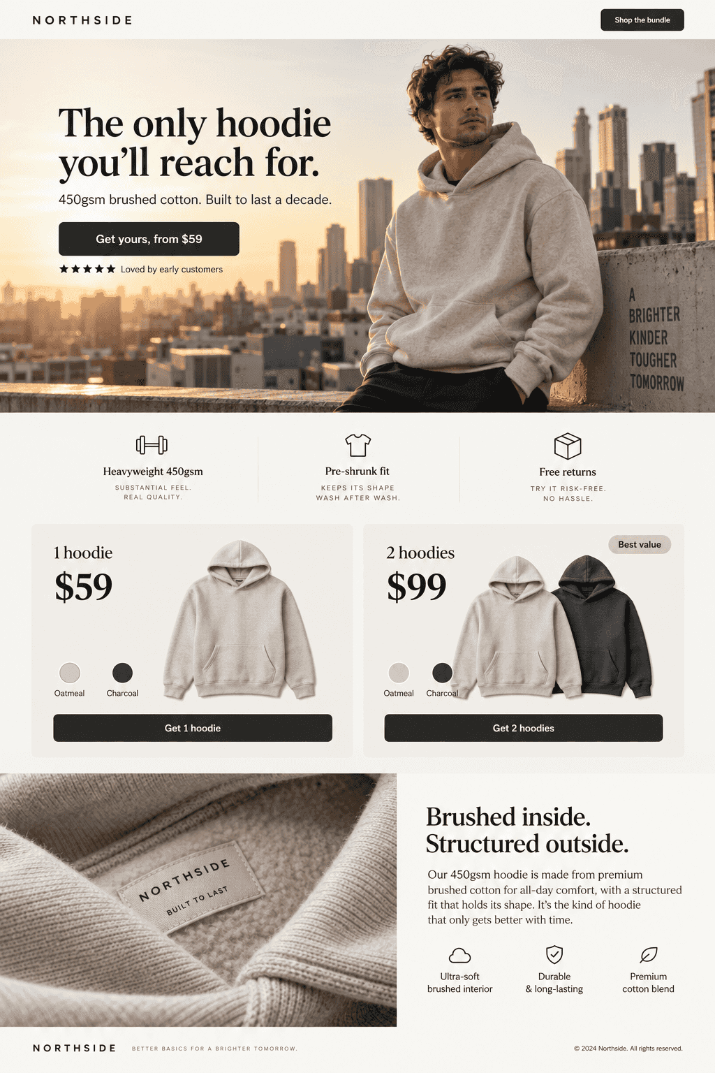 Preview of the hoodie landing page AlphaWeb built: lifestyle hero, features and bundle offers
