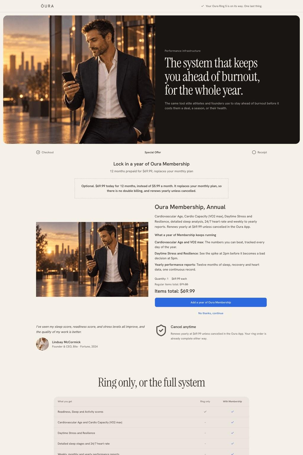 Oura peak performance funnel upsell page
