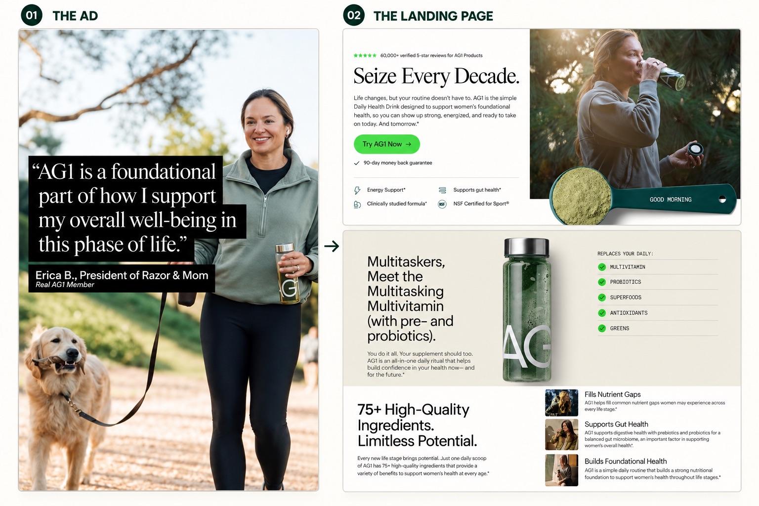 AG1 women's health ad and landing page featuring the same woman