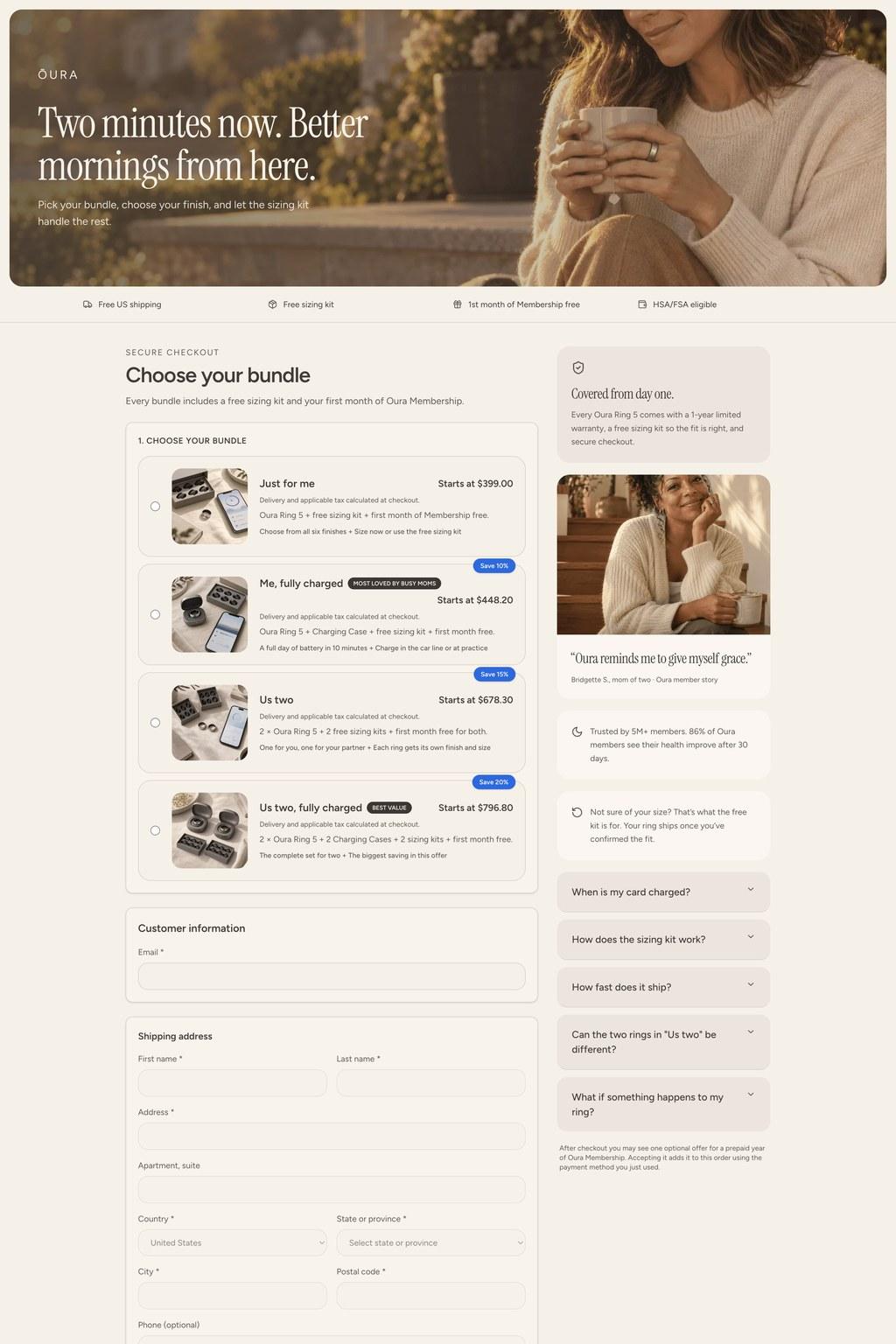 Oura mom funnel checkout page