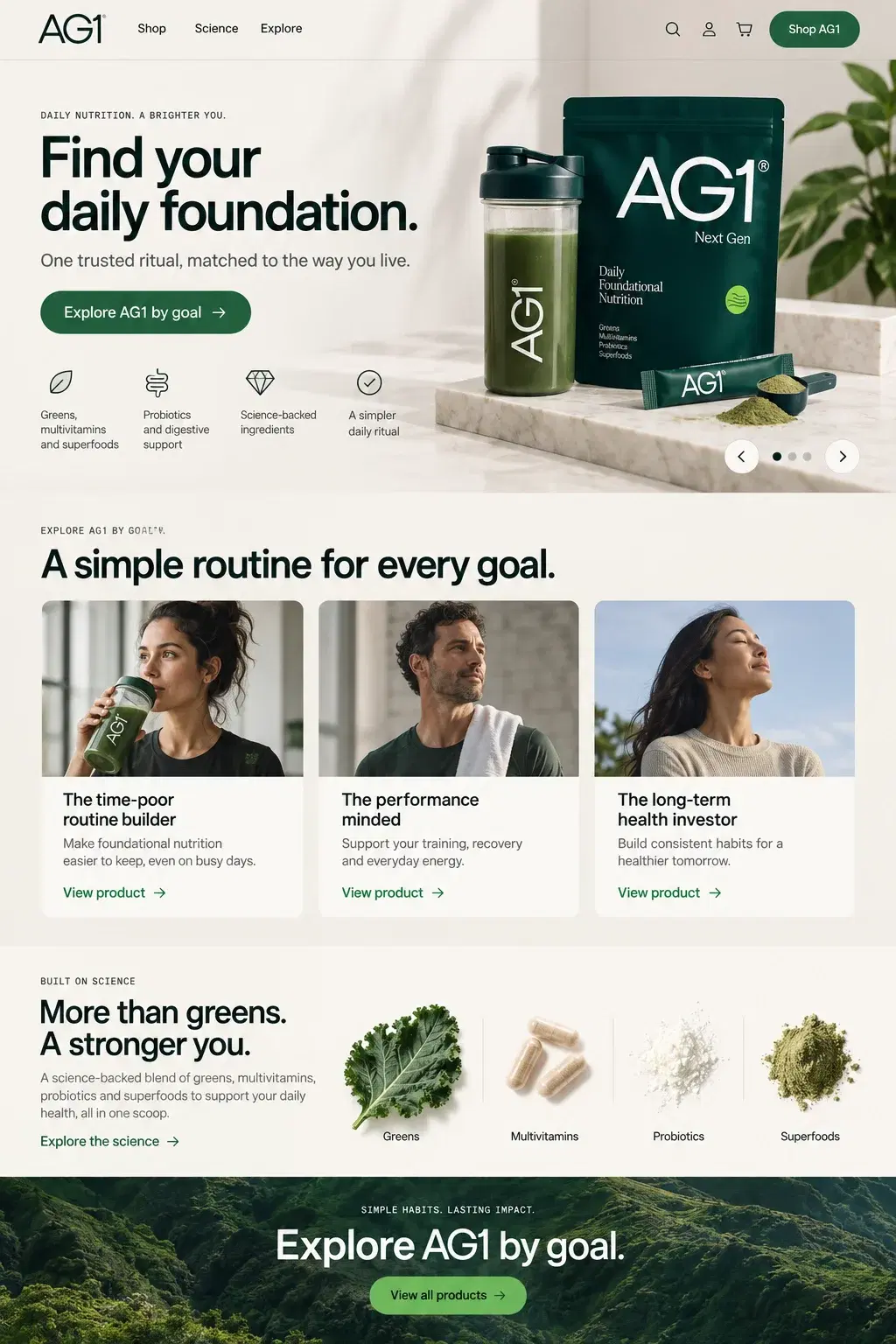 AlphaWeb-built store homepage for the AG1-style hyper-specific customer journey