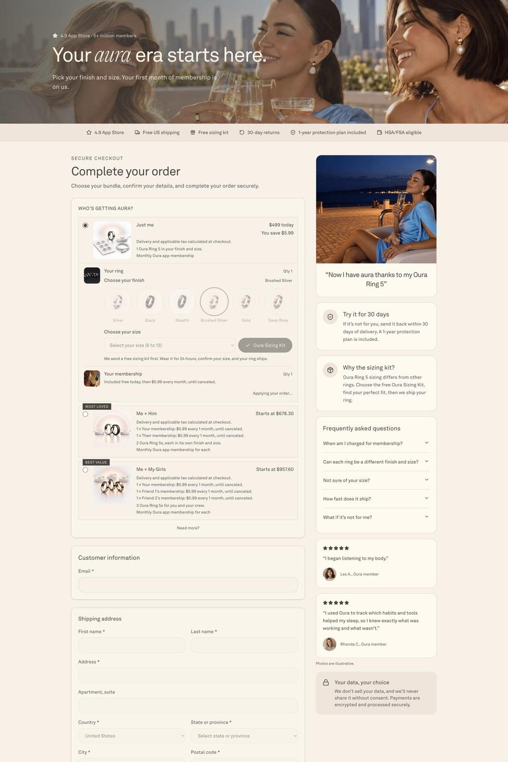 Oura influencer funnel checkout page