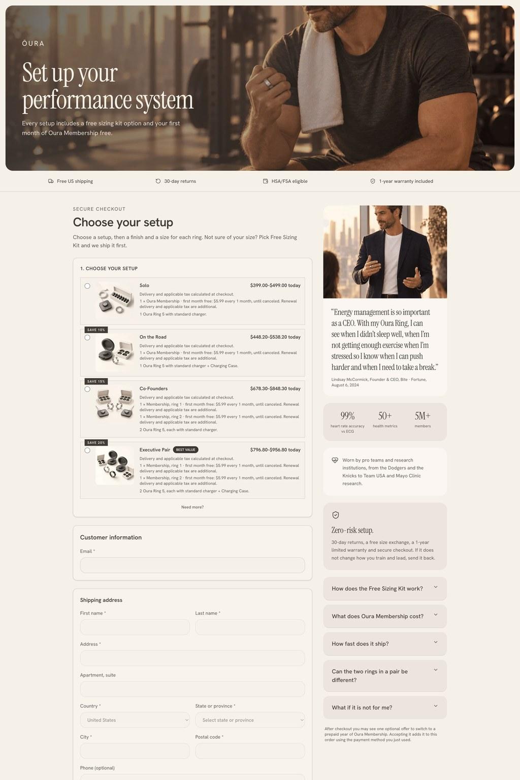 Oura peak performance funnel checkout page